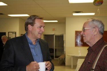 MP Rob Merrifield (L) talks with Lawrence Verrault after his talk with constituents Jan. 23 at the Seniors Drop In Centre in Barrhead.