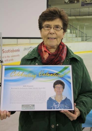 Rosemary Empey Volunteer of the Year winner Edith Strawson holds the plaque marking her as a nominee. Strawson was chosen over Janet Kaplan and the Blue Heron Support