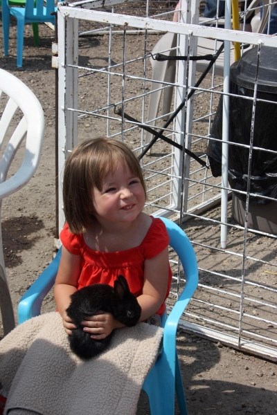 My cuddly friend: Three-year-old Julie Bruns cuddles a rabbit at the petting zoo outside the Agrena.