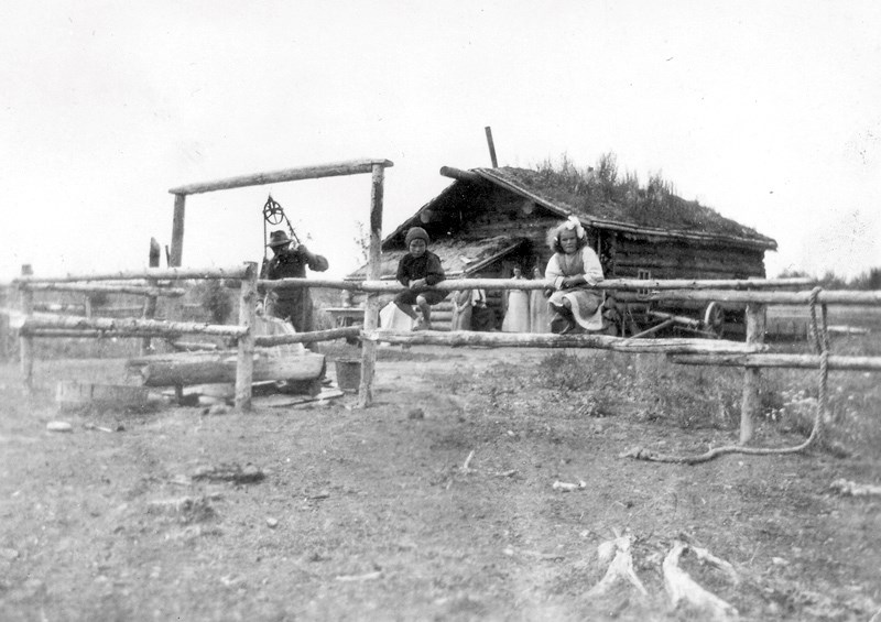 Our first home in Neerlandia: Douwe Terpsma, George and Tina on the Neerlandia quarter of land for which they first filed.