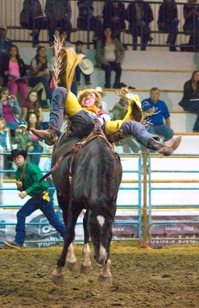 Legs flailing and face grimacing, Ryley Gilbertson struggles to hold on during the Bareback Riding competition at the Wildrose Rodeo on the weekend. The 20-year-old Hughenden 
