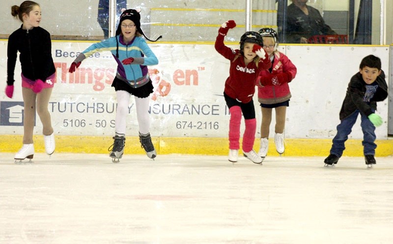 And they &#8216;re off! Junior Development members of Barrhead Figure Skating Club having fun at the Agrena on Wednesday. Pictured are Cassie Smith, Darma Litke, Reece