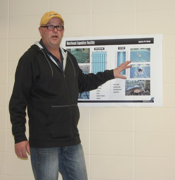 Barrhead &#038; District Agrena Society president Shannon Carlson points to Barr Ryder &#8216;s conceptual drawing of a six-lane competition pool and flow rider, which would