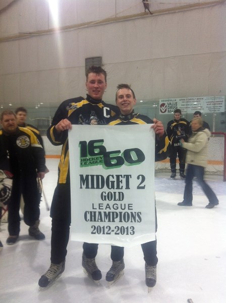 How sweet it is! The Steelers &#8216; Brayden Laun and Scott Westerlund parade the banner proclaiming the Barrhead side Midget 2 Gold League Champions for 2012-13.