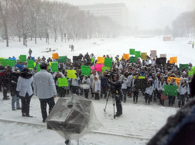 United we stand: Whitecoat March protesters outside the Legislature on Thursday, March 21 defy a blizzard to make their case against budget cutbacks. Barrhead pharmacist Rita 