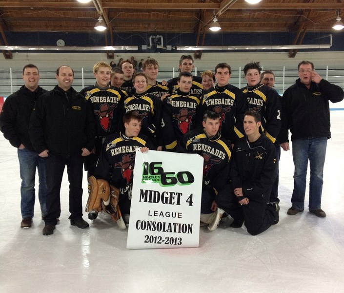 The Renegades are pictured with their Consolation Banner. Back row, left to right: Declan Kummer, Aaron Wharton, Brandon Marsh, Lee Worobec, Josh Starman, Greg Schmidt