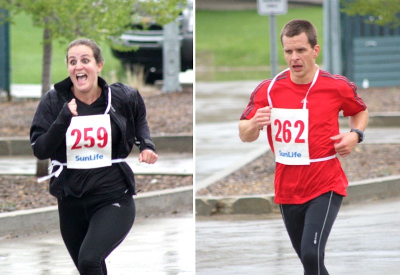 Left: Almost there! Simone Tuininga puts in a burst of speed at the end of the Saturday &#8216;s run. She won the female section. Right: Murray Tuininga nears the finish line 