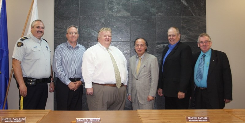 Pleased to meet you: Pictured flanking Japan &#8216;s Consul General in Calgary, Susumu Fukuda, are (left to right) Barrhead RCMP &#8216;s Sgt. Bob Dodds, Town Manager Martin 