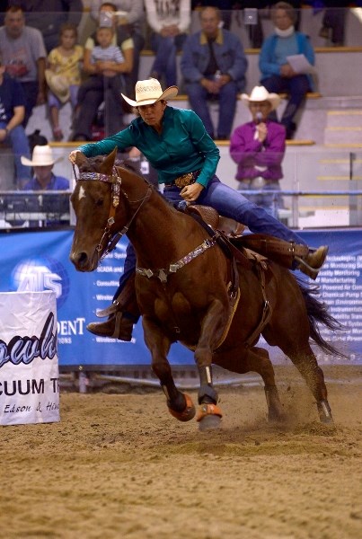 Rebecca Paradis competes in the ladies barrel racing at the latest Wildrose Rodeo Finals.