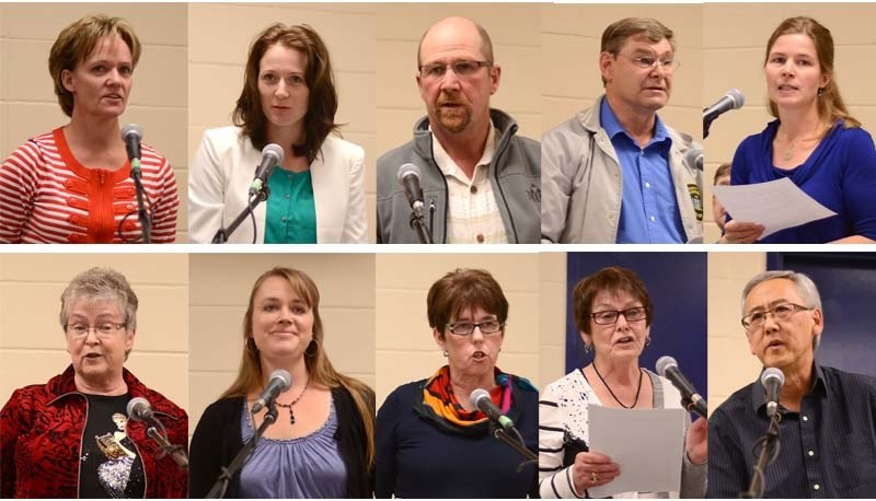 L-R: Pembina Hills Regional School Division #7 school board trustee candidates: Charlene Cole, Robin Kapler, Peter Kuelken, Dale Schaffrick (incumbent), Jennifer Tuninga,