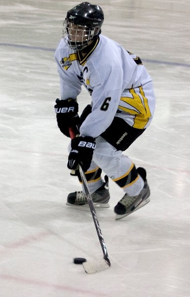 Hat-trick hero Brett Bujold in action against Edson on Friday night at the Agrena. Unfortunately, the away side stormed back in the third period to snatch a 4-4 tie.