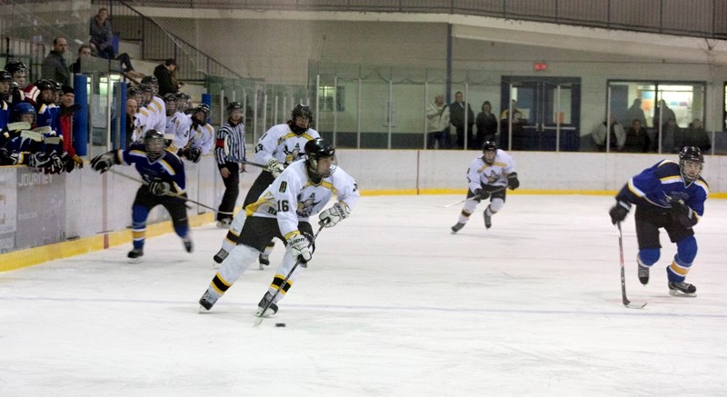 Jordan Smith leads the charge as the Steelers launch another sortie into the Stettler Legion &#8216;s defensive zone at the Agrena on Friday night.