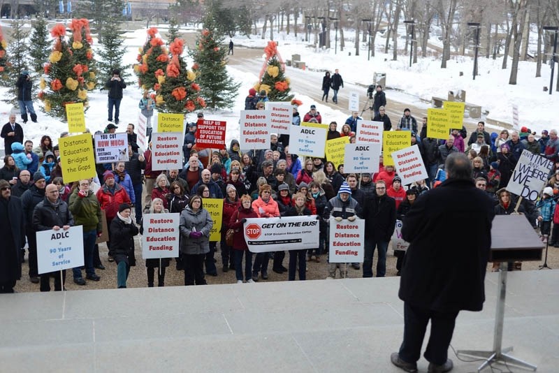 A crowd of about 250 people gathered at the Alberta Legislature Nov. 30 to rally for the future of distance education. The group of educators, parents and students braved the 
