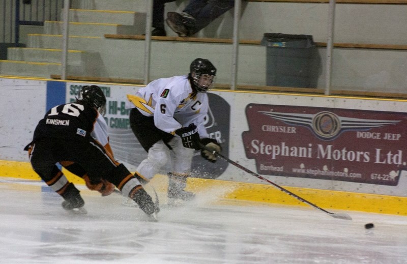 The Steelers &#8216; #6 Brett Bujold prepares to flick the puck into the Innisfail &#8216;s defensive zone during Sunday afternoon &#8216;s match.