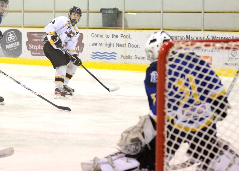 Bryce Marsh takes a shot on net against the Leduc Roughnecks. Unfortunately the Renegades were only able to score twice during the game on the weekend, and left the ice