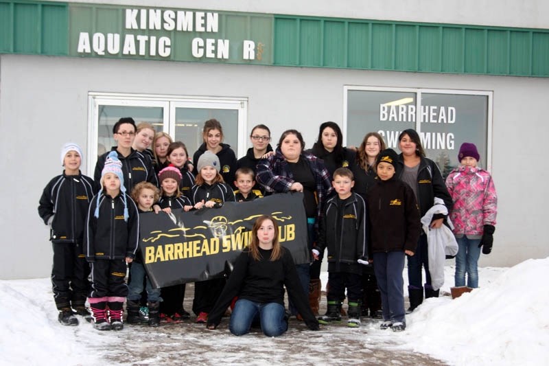 Uncertain future: Barrhead Swim Club members gather outside the pool last Thursday. Pictured are (back row): Jaclyn Miller, Emily Assenheimer, Reece Cerny, Charly