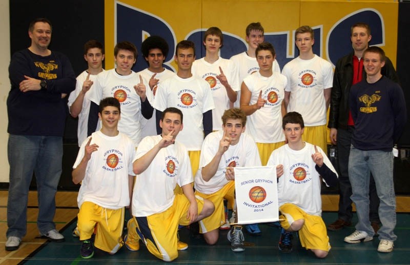 High and mighty: The senior Gryphons Boys triumphed at last weekend &#8216;s home basketball tournament. Pictured far left is coach Bill Knudsen.