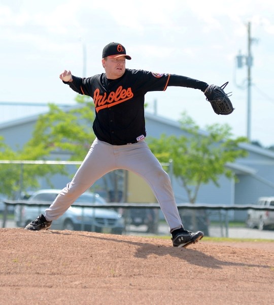 Barrhead Orioles player Joey Grielach gears up to make a pitch during the second of two games against Sherwood Park on Sunday.