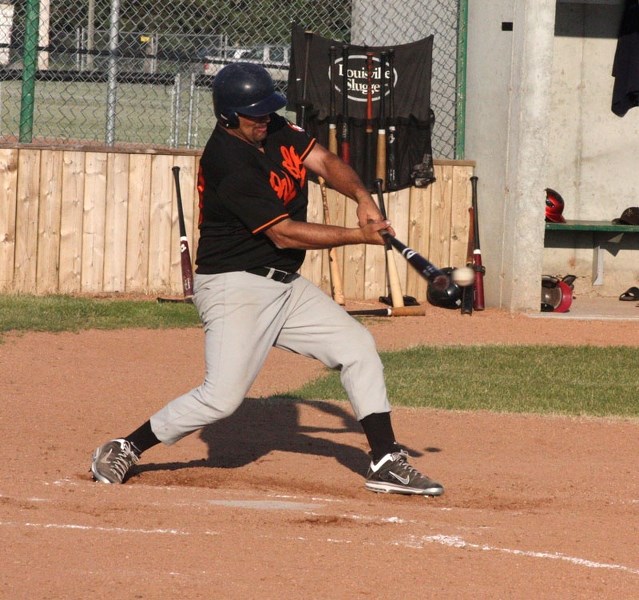 Orioles 1B Lyle Schaffrick connects with this fastball against the Edmonton Athletics on Friday, July 11, 2014.