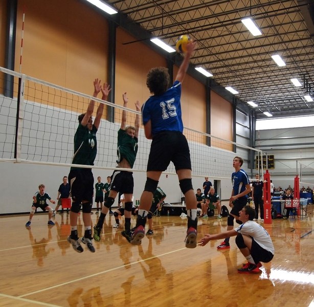 Barrhead player Bryan Fountain hits the ball over the net during the Western Elites tournament in Edmonton July 18-20. Fountain played for Team Alberta 16U.