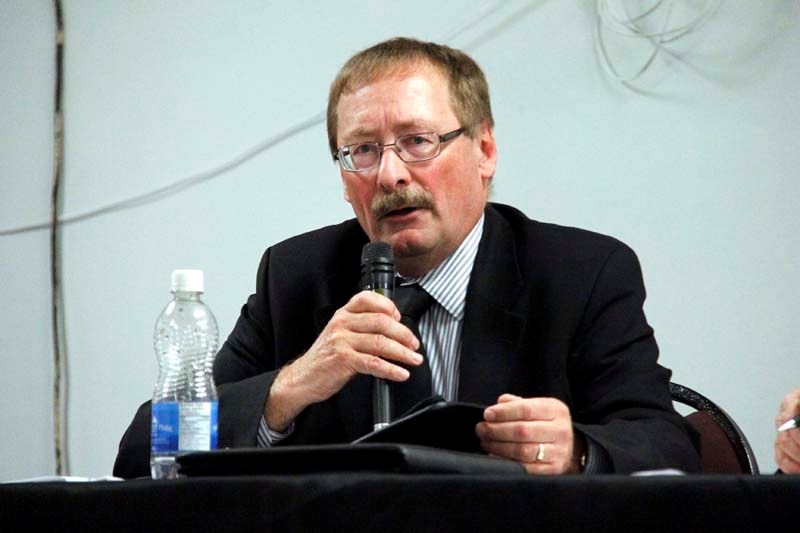 Mayor Gerry St. Pierre answers questions provided by the Barrhead Chamber of Commerce during the Small Business Week Dinner on Oct. 22.