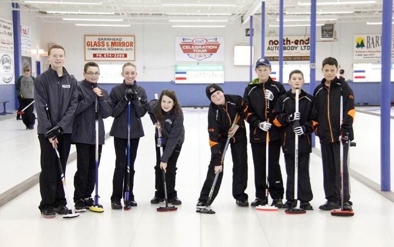 The Barrhead Curling Rink hosted the Junior Bonspiel over the weekend, with Barrhead taking on St. Albert in the A final game. (l-r) St. Albert: Nicolas Oake (skip), Andrew