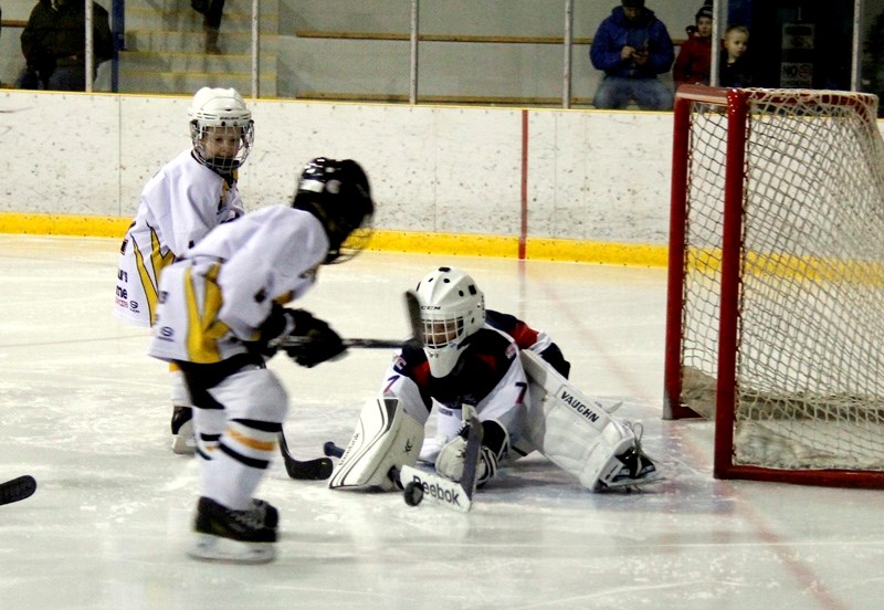 Novice Thunder &#8216;s player Brayden Kramm takes a shot on net during their game against the Mustangs.
