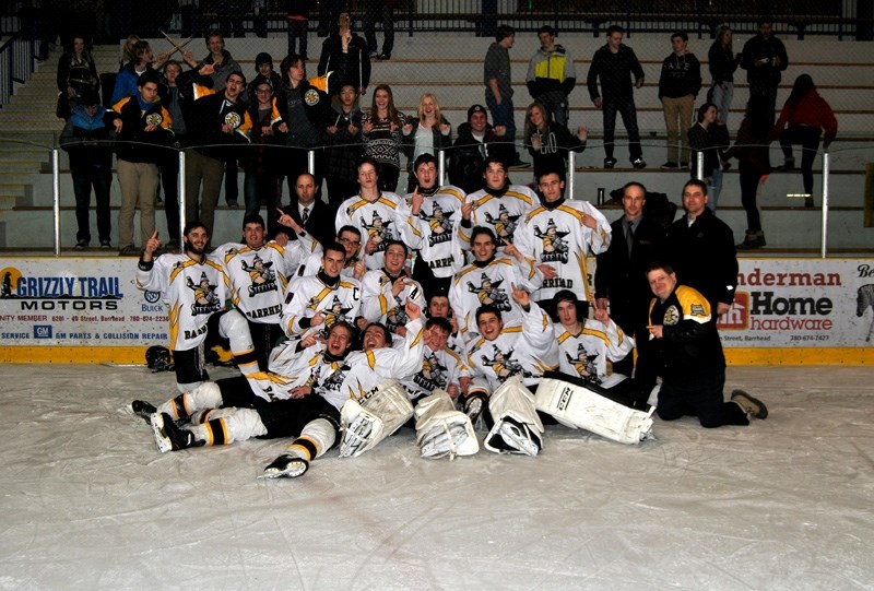 The Barrhead Steelers pose together after qualifiying for the Provinal Midget Championship Tournament for the second straight year on Friday, Feb. 27 at the Barrhead Agrena.
