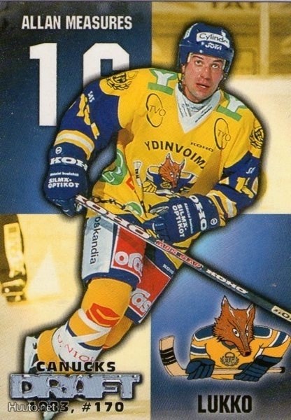 The Vancouver Canucks drated Allan Measures in the 1983 entry draft in the ninth round, the 170th pick overall, as denoted on his rookie card.