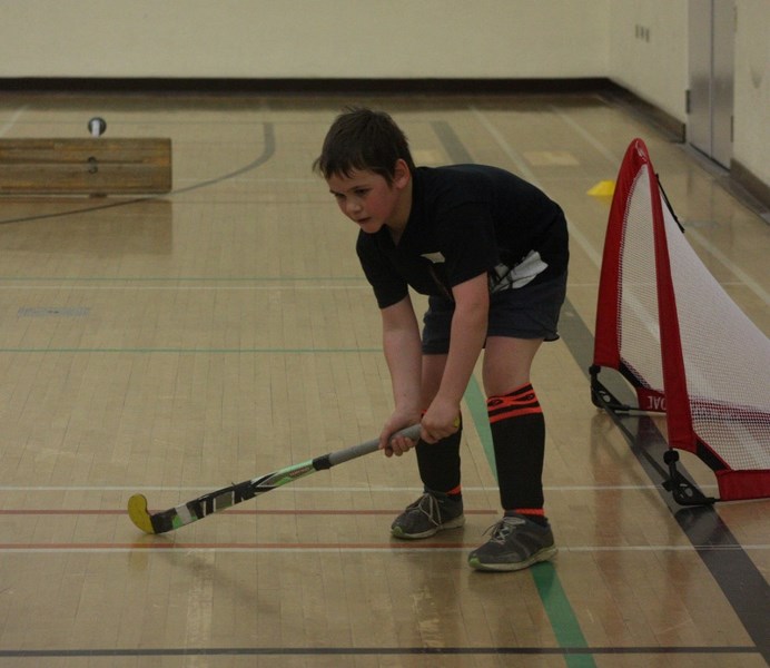 Kaldonnan Hill, 8, plays goaltender during a Field Hockey Alberta Try it Free scrimmage at Barrhead Elementary School on Saturday, April 11.