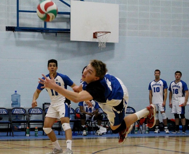 Barrhead area native Cameron Gelderman is known for his defensive play. Here he makes one of the digs that has made him the all time ACAC dig leader.