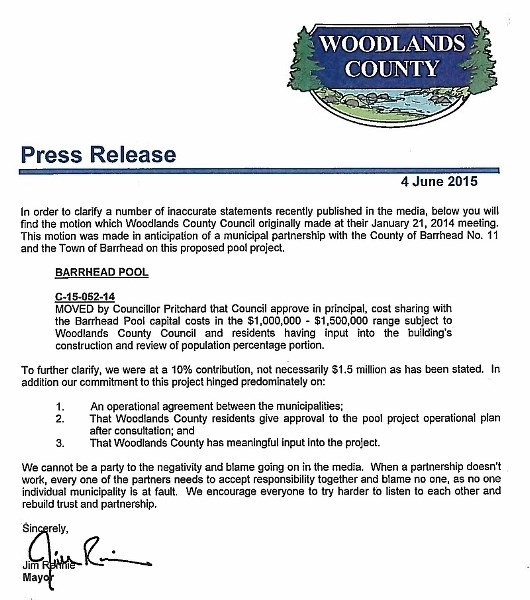 A press release from Woodlands County regarding their position on the Barrhead Pool project.