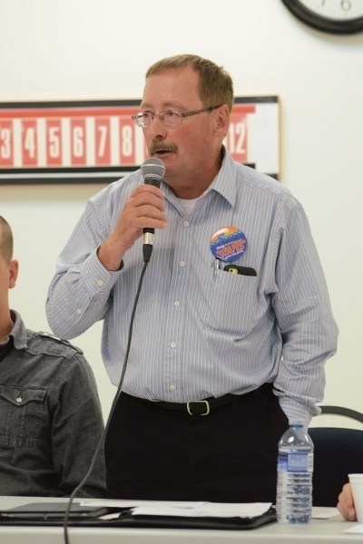 Barrhead Mayor Gerry St. Pierre answers a question from the floor about how much property taxes will rise for both the construction and operational cost of the proposed