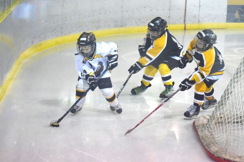 Renko Wepener fends off two Stony Plain checkers by going behind their net. Wepener was an offensive powerhouse for the Barrhead Elks scoring four goals and assisting on