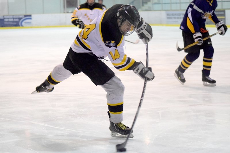 Steeler Lucas Weeks bends his stick as he takes a shot in the second period.