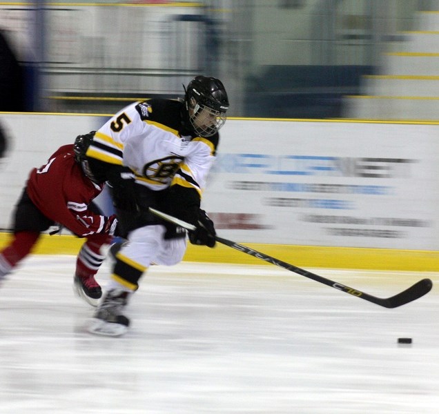 Barrhead &#8216;s Jordan Kleinfeldt helped his Pirates teammates secure the first game of the Bantam division provincial tournament against Whitecourt on Tues., Jan. 19.