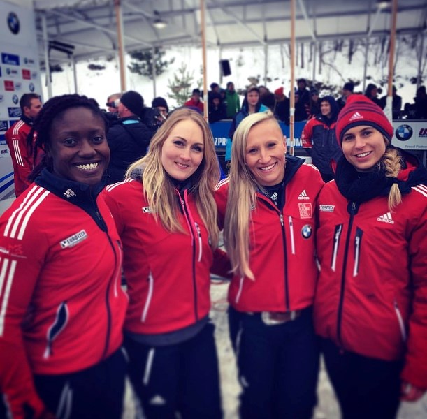 The Canadian Women &#8216;s four place bobsled team pose after an event in Lake Placid, NY. From left: Cynthia Appiah, Melissa Lotholz, Kailie Humphries and Genevieve
