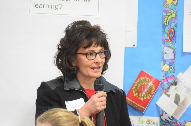 Colleen Symyrozum-Watt, superintendent for Pembina Hills Public School Division, speaks to the students attending the Student Day symposium, letting them know they will