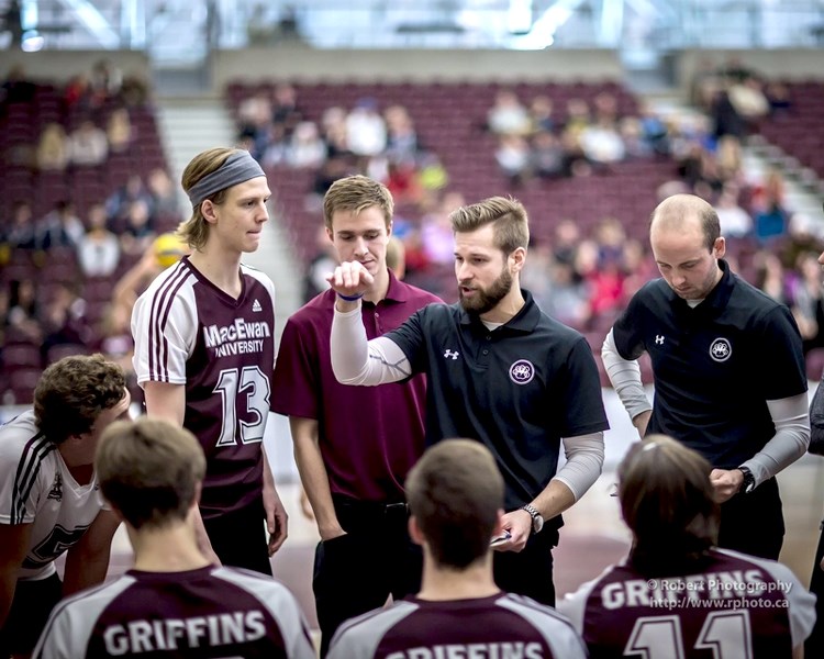 MacEwan University Griffin &#8216;s head Brad Polawski gives some instructions to his team, that includes Barrhead native Max Vriend.