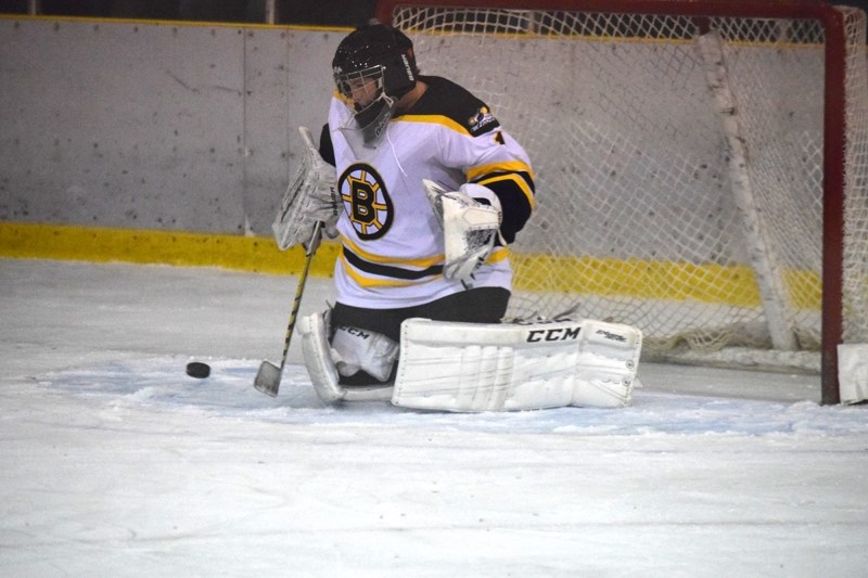 Renegades goaltender Mathew Carstairs stops one of the 32 shots he faced.