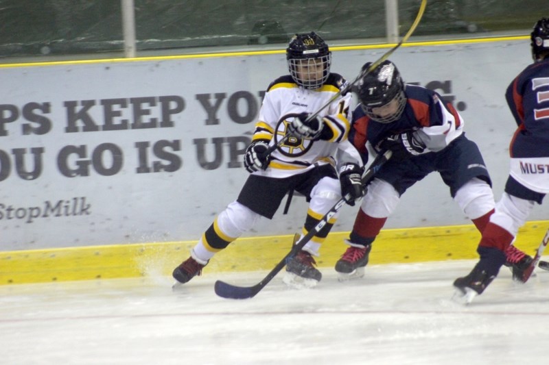 Barrhead Blackhawk Renko Wepener struggles with Sturgeon Mustang Cash Fedorvich for ownership of the puck.