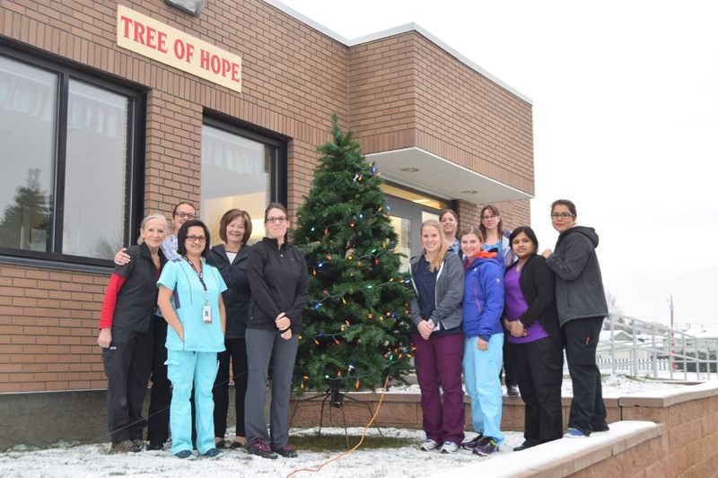 Linda Wolfram, Barrhead Healthcare Centre &#8216;s site manager, and a number of nurses pose in front of the Tree of Hope as a reminder for people to donate.