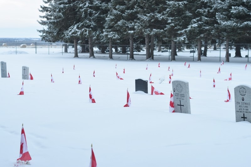 Canadian flags can be seen poking up through the fresh snow.