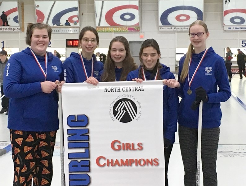 Girls team: From left: Robyn Kitz, lead, Lauren Kostiw, second, Avary Kostiw, lead, Leigh Murray, skip and Kayla Nanninga, third.