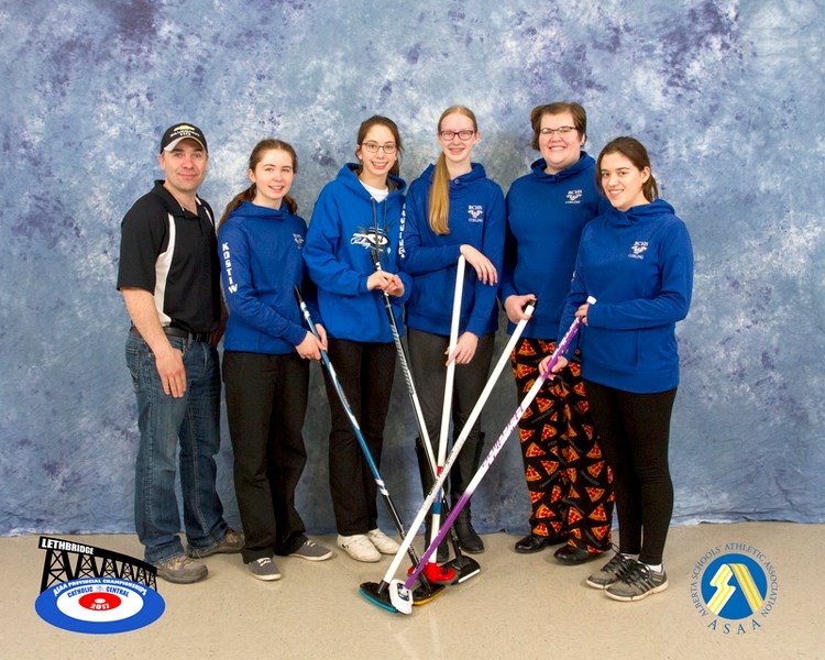 The official team group portrait taken at the provincial championships. From left: Coach Rod Phillips, Avary Kostiw, Lauren Kostiw, Kayla Nanninga, Robyn Kitz and Leigh