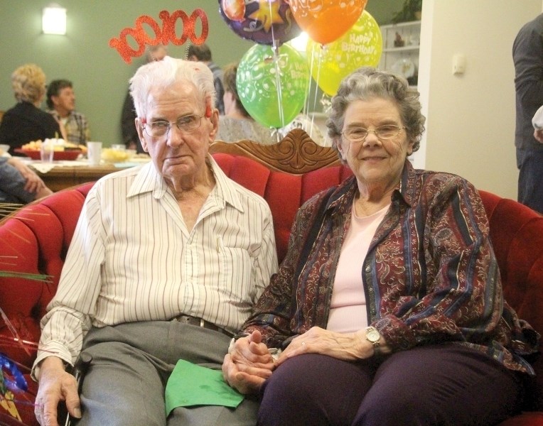Barrhead &#8216;s newest centenarian Eric Beniston (l) celebrated his 100th birthday, which was March 26, two days earlier in the common room of Klondike Place, in Barrhead