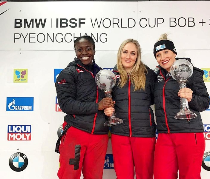 Cynthia Appiah (l), Melissa Lotholz (m) and Kailie Humphries after being awarded their silver medals and second place over all World Cup trophies after the final event in