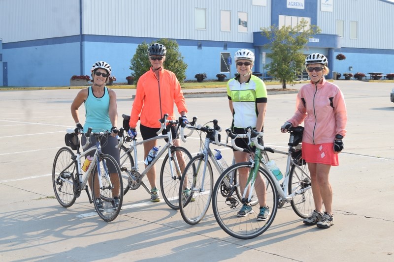 From left Margaret Osborne, Fran Miedema, Lois Schulz and Diane Sutherland head out on a ride to Lac La Nonne as part of Barrhead &#8216;s Chain Gang Cycling Club July 8.