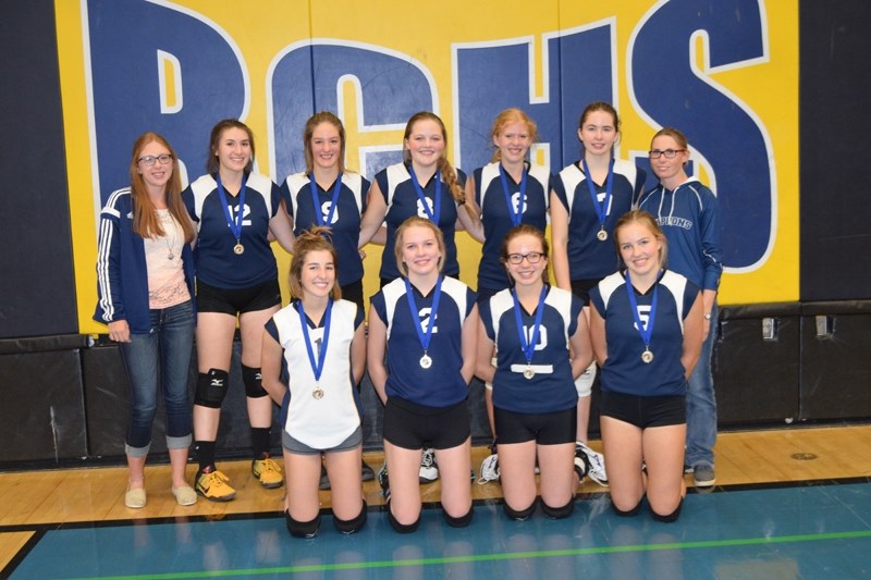 Gold medal winners JV Gryphons: From left: Coach Amy Olthuis, Kyla Coutu, Carlee Bakker, Sydney Visser, Laura Olthuis, Avary Kostiw and coach Jordan Mazereeuw. Front: Taylor