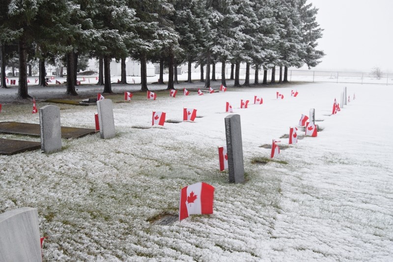 Two rows of freshly planted Canadian flags adorn the gravesites of Canadian Armed Forces veterans in the Field of Honour.